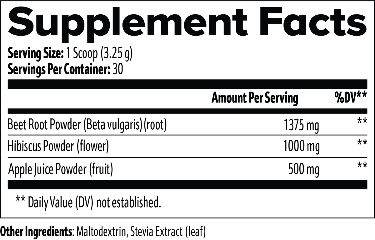 Supplement Facts and ingredients label for FIT APE Apple Beetroot Powder