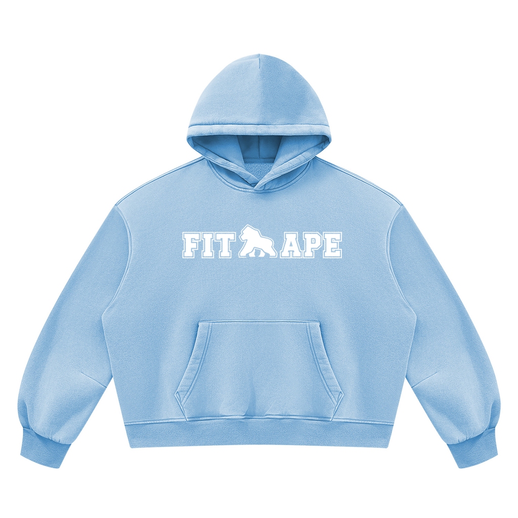 Light blue FIT APE vintage-wash boxy hoodie with white chest lettering, front view