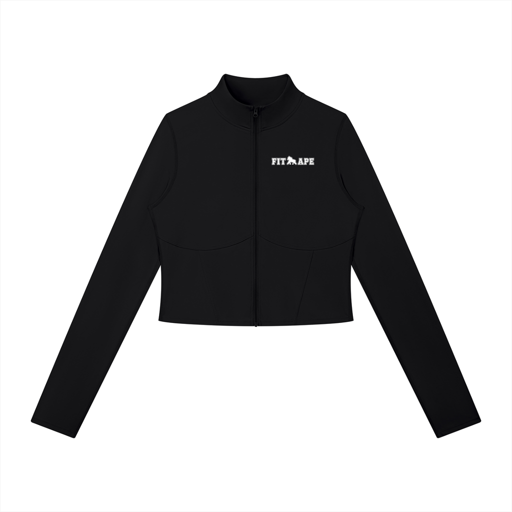 Black FIT APE women's full-zip sports jacket with white chest lettering, front view