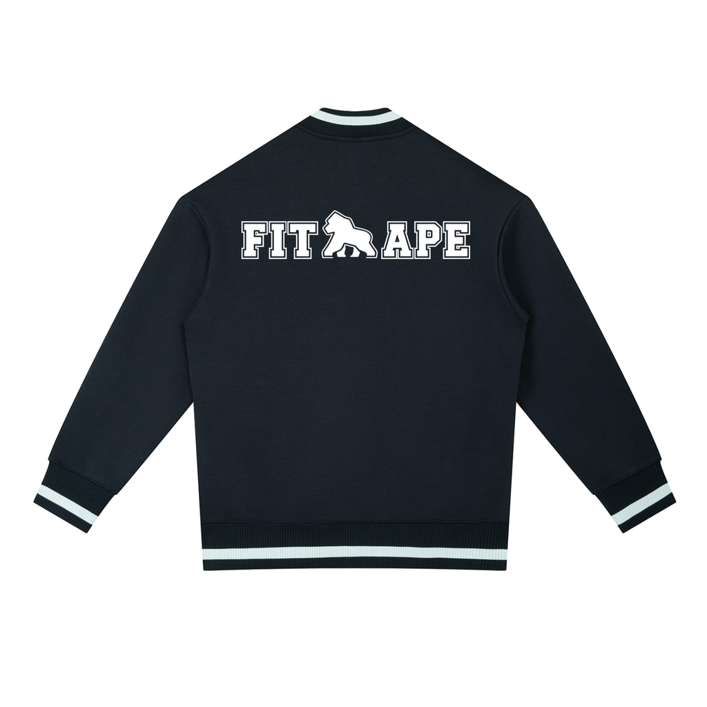 Dark blue-gray FIT APE zip bomber jacket with white trim and large back lettering, back view