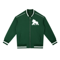 Dark green FIT APE zip bomber jacket with white striped trim and chest gorilla, front view