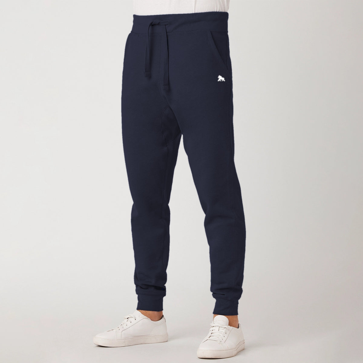FIT APE men's premium fleece joggers in navy blazer - side view, tapered fit