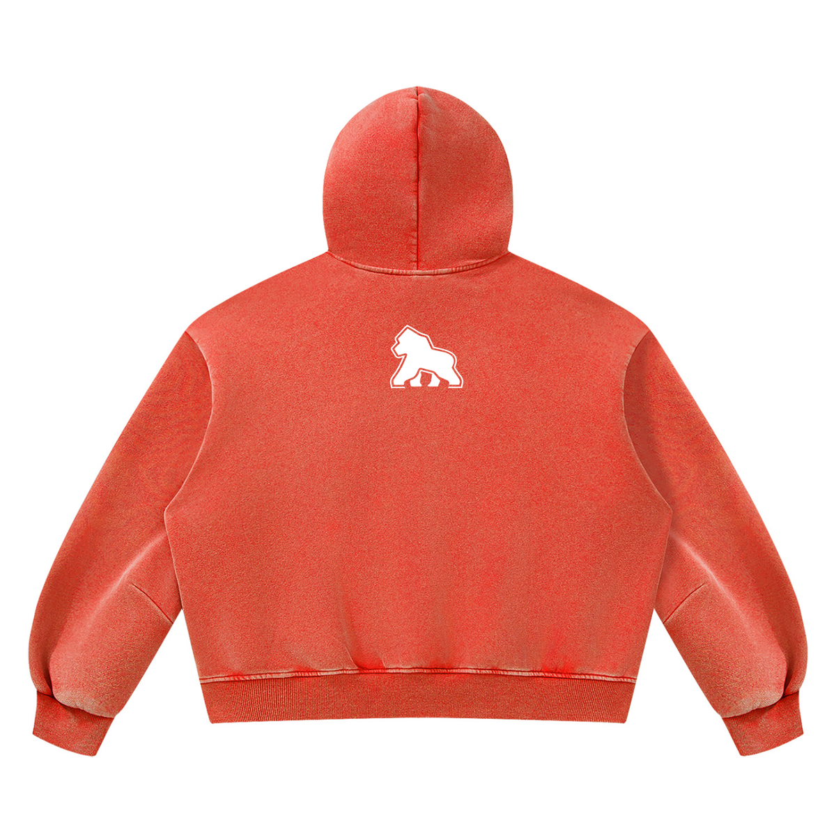 Red FIT APE vintage-wash boxy hoodie with white gorilla, back view