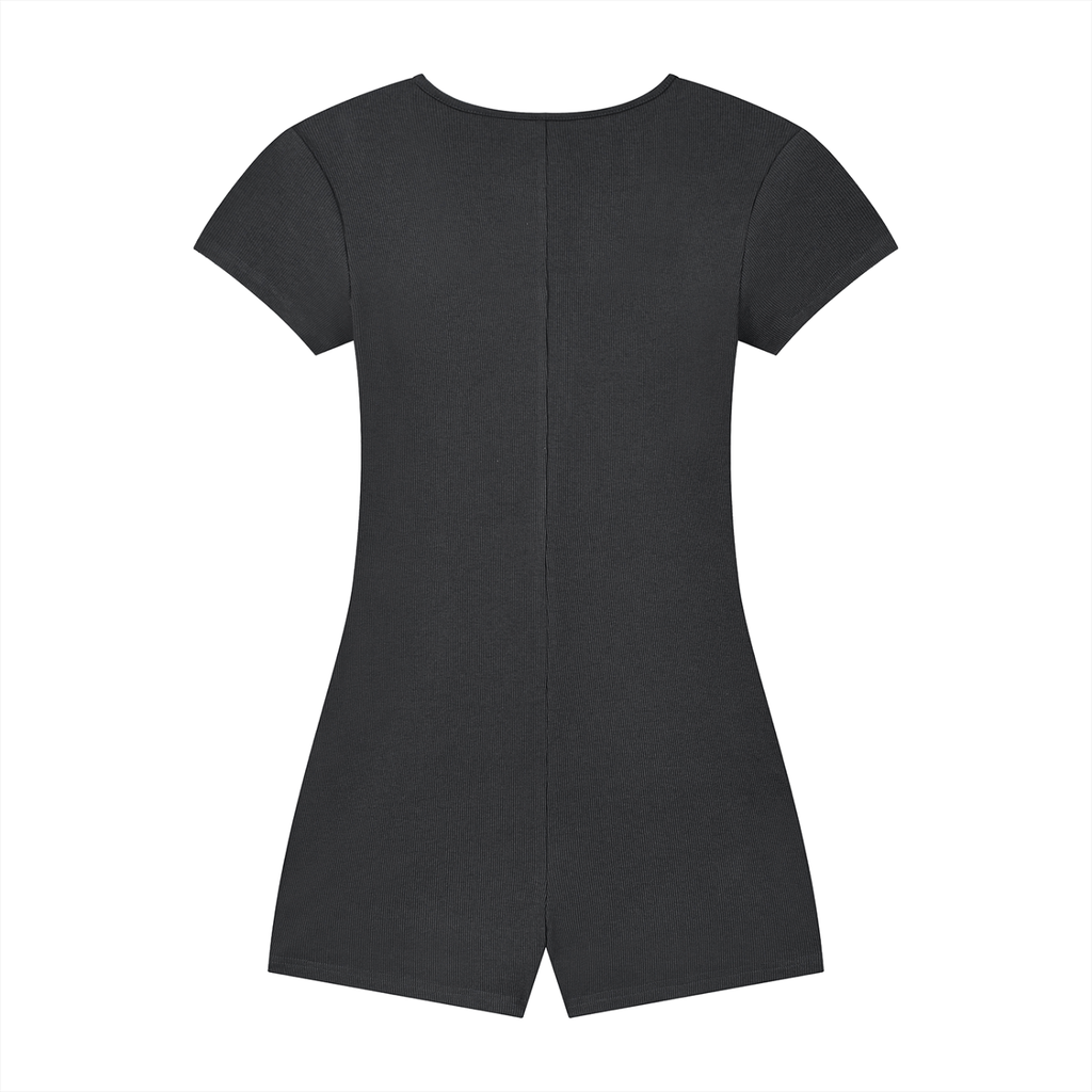Charcoal FIT APE fitted short-sleeve romper, plain back view