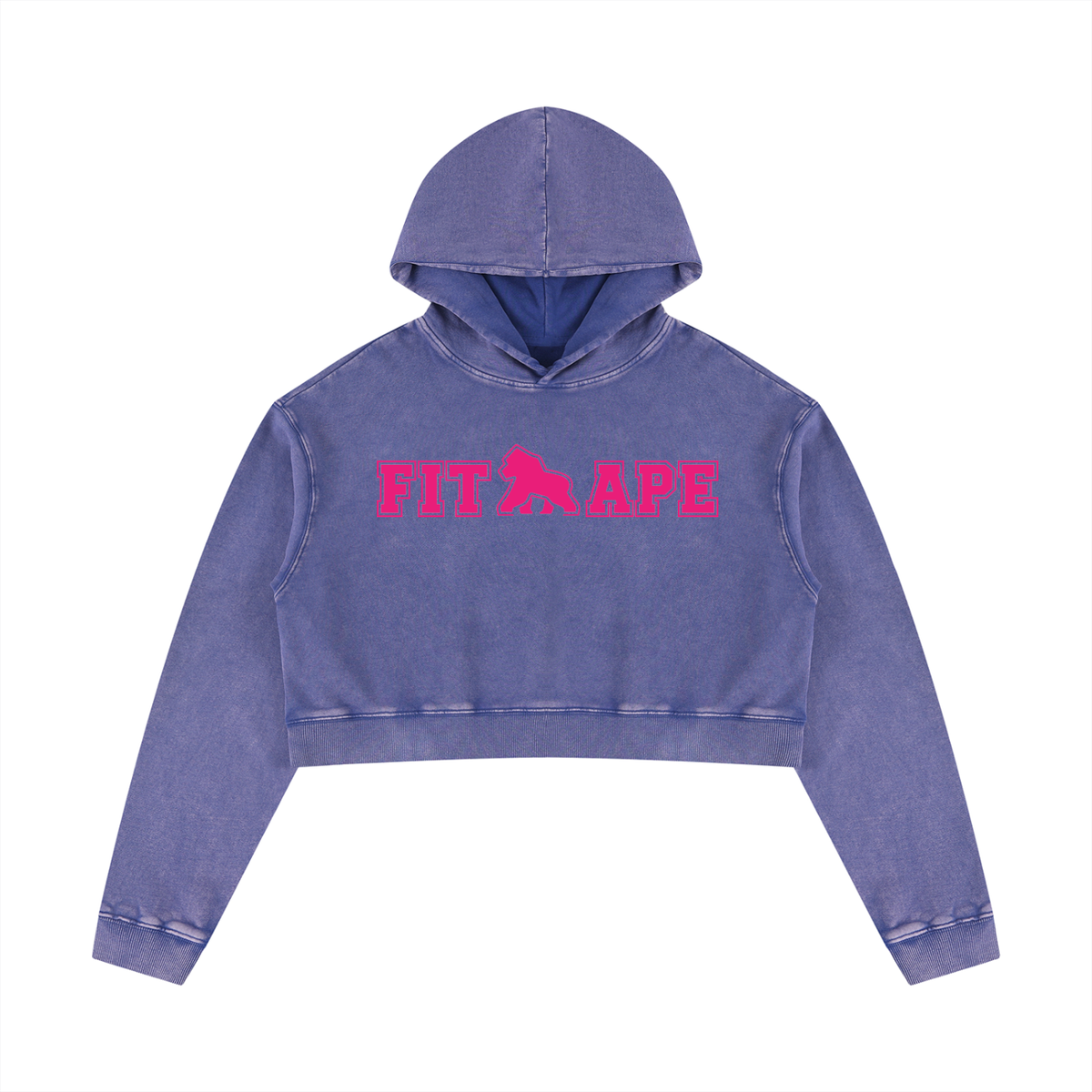 Washed purple FIT APE women's cropped hoodie with bright pink chest lettering, front view