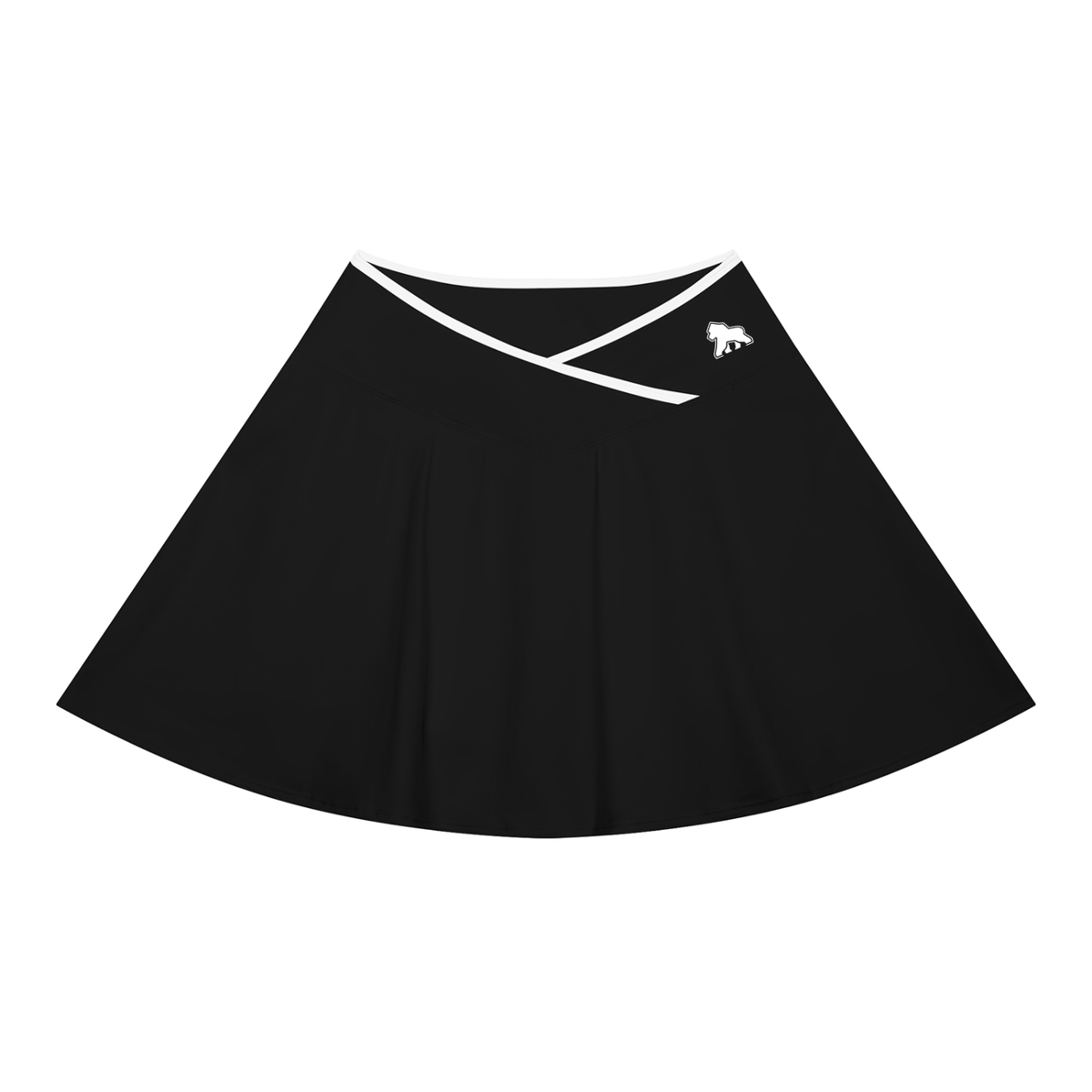 Black FIT APE A-line skirt with white crossover waist trim and gorilla, front view