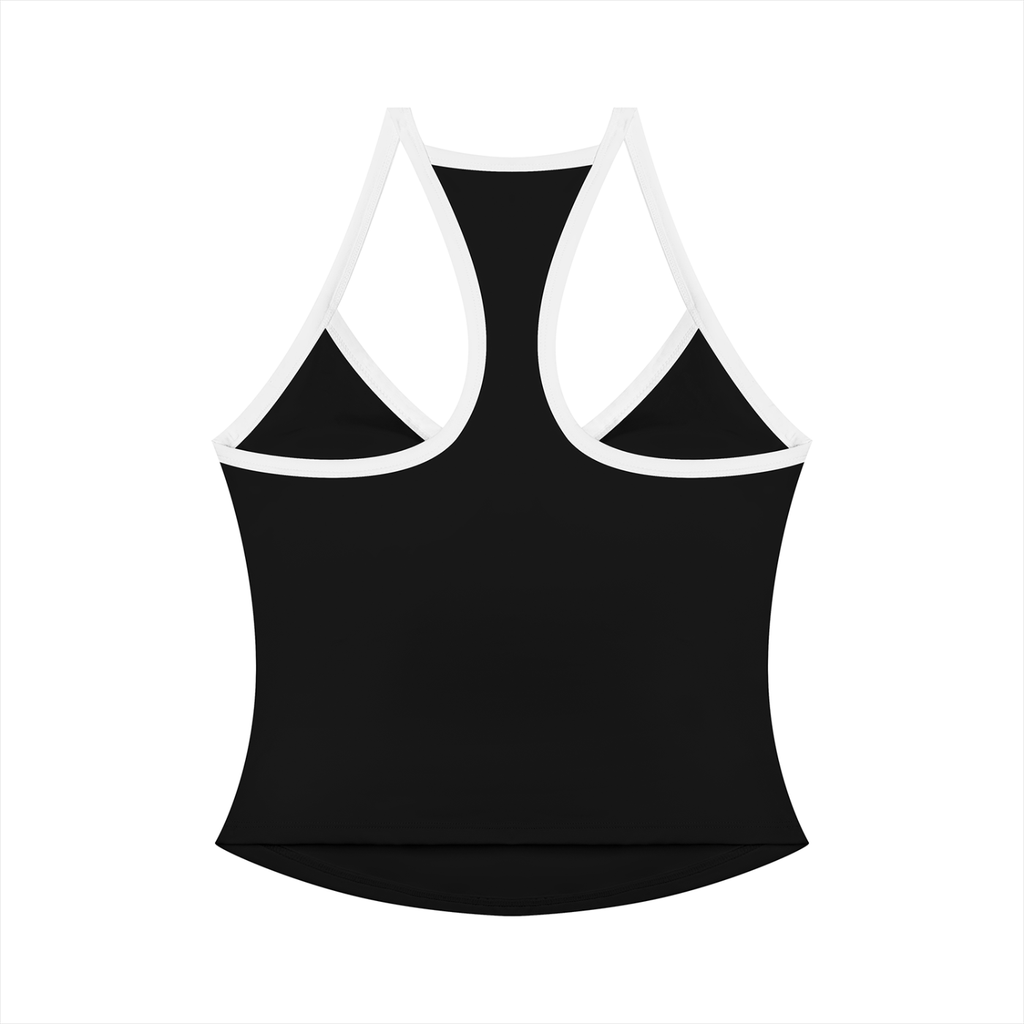 Black FIT APE women's yoga tank with white contrast straps, racerback view
