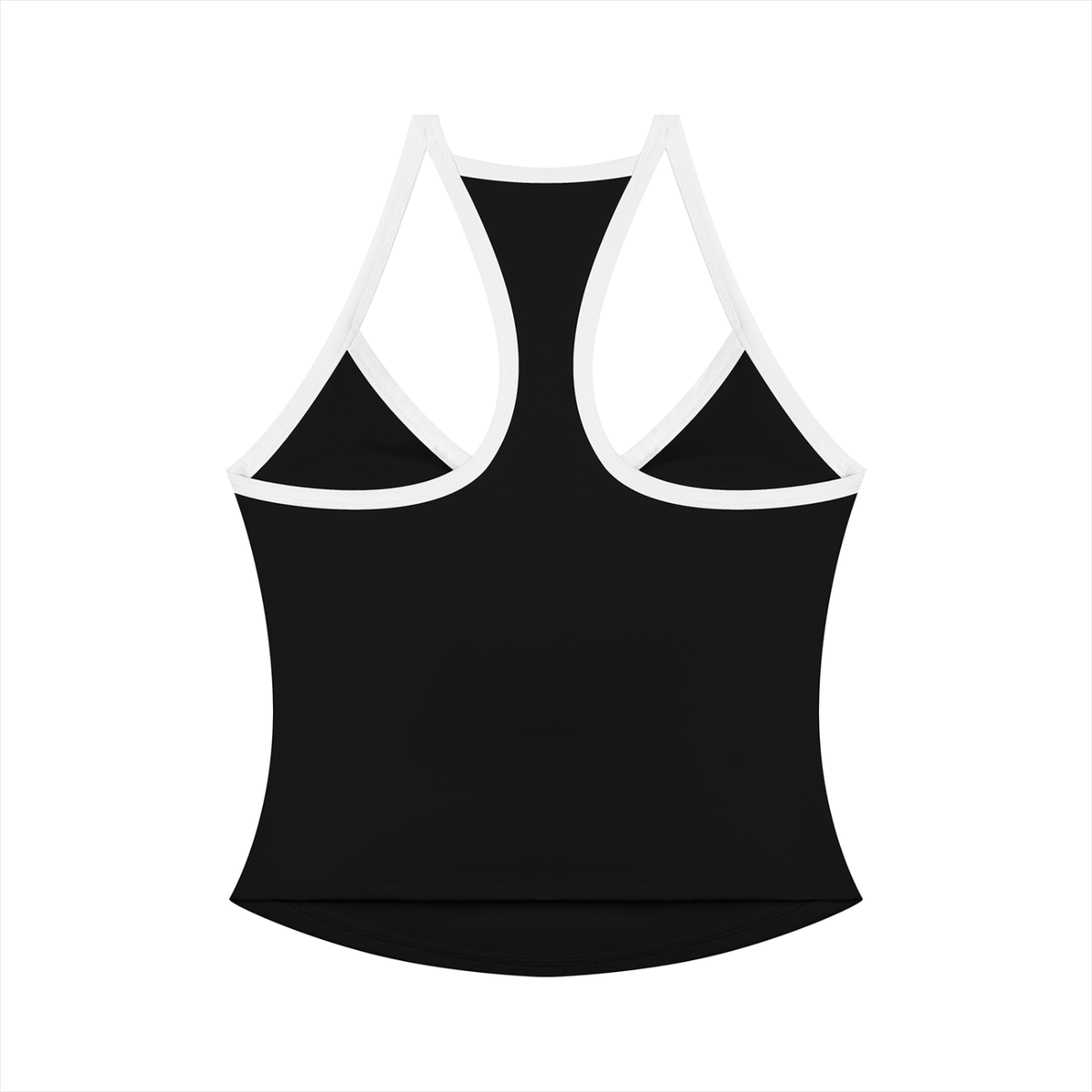 Black FIT APE women's yoga tank with white contrast straps, racerback view