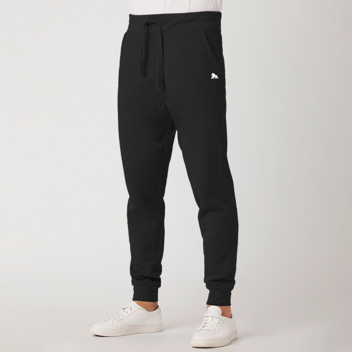 FIT APE men's premium fleece joggers in black - side view, tapered fit