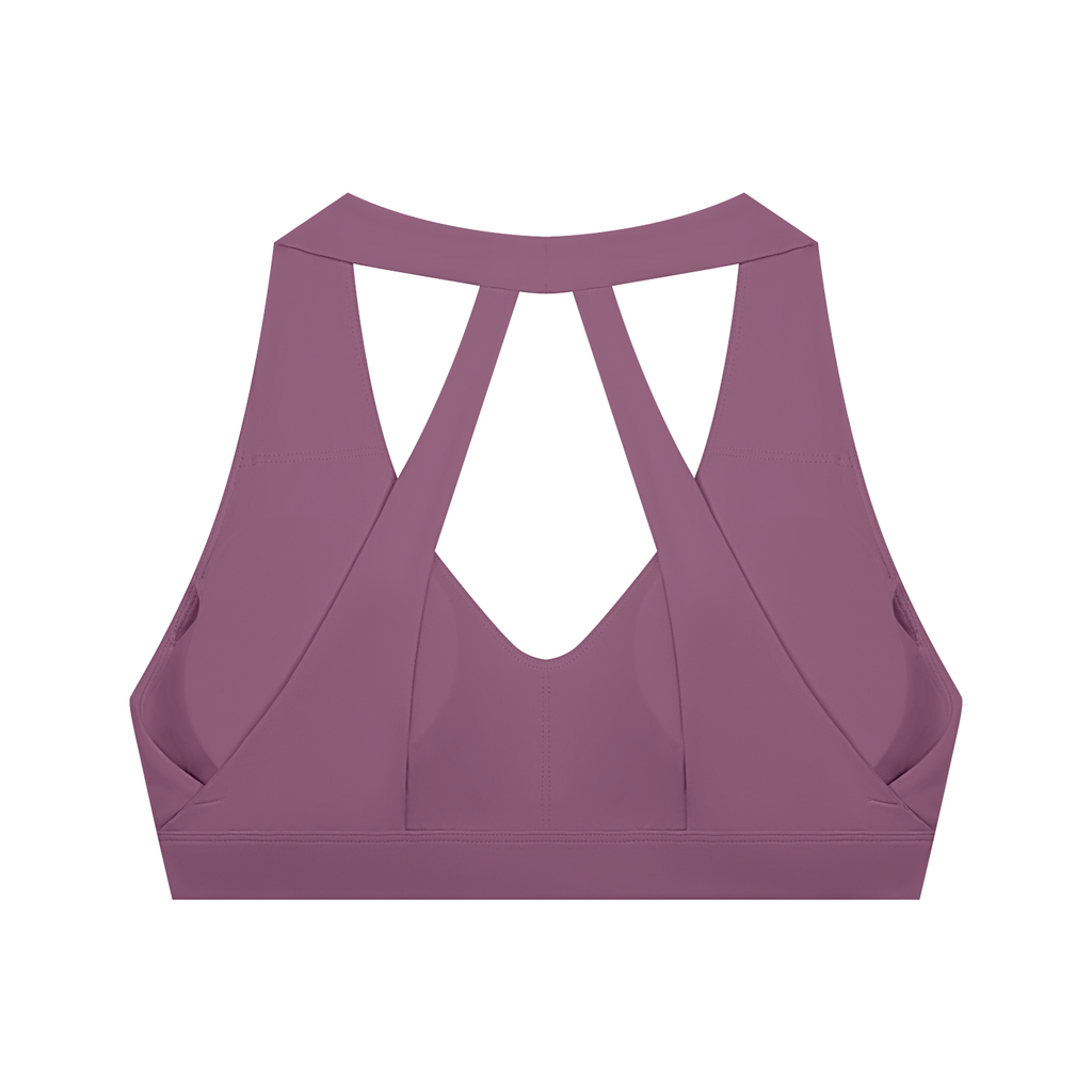 Mauve FIT APE halter sports bra with cutout straps, back view