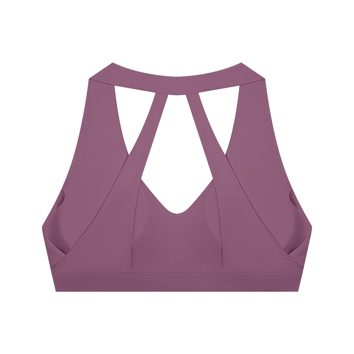Mauve FIT APE halter sports bra with cutout straps, back view