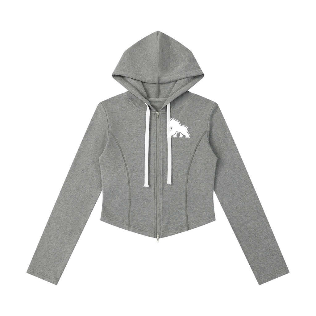 Gray FIT APE women's slim cropped zip hoodie with white drawstrings and gorilla, front view