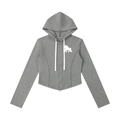 Gray FIT APE women's slim cropped zip hoodie with white drawstrings and gorilla, front view