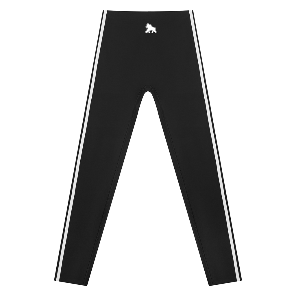 Black FIT APE high-rise yoga leggings with white side stripes and waist gorilla