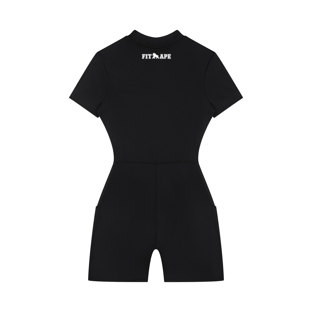 Black FIT APE short-sleeve quarter-zip romper with white upper-back lettering, back view