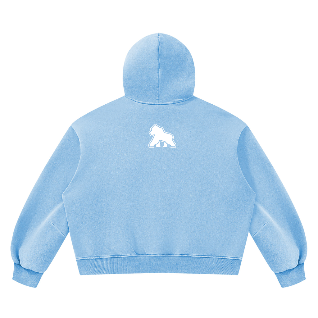 Light blue FIT APE vintage-wash boxy hoodie with white gorilla, back view