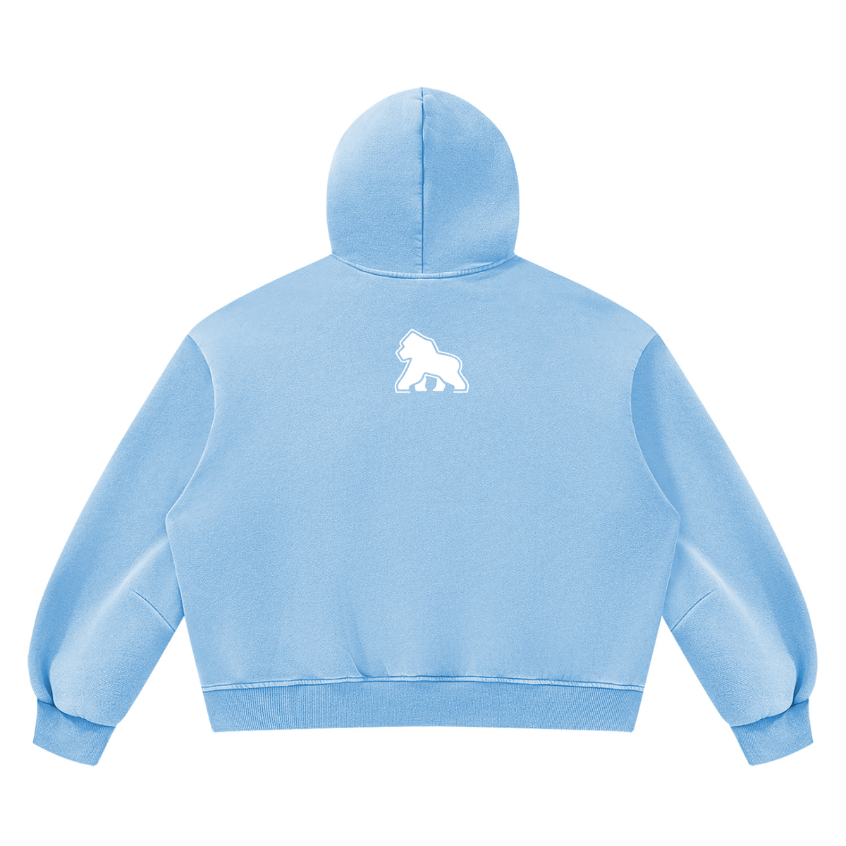 Light blue FIT APE vintage-wash boxy hoodie with white gorilla, back view