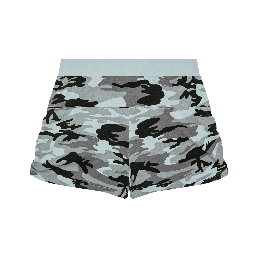 Gray and black FIT APE women's camouflage shorts, back view