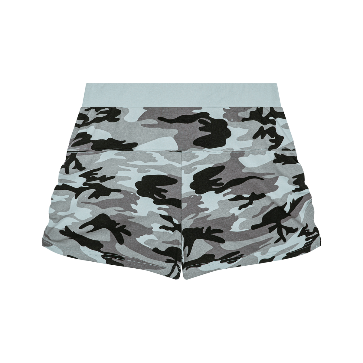 Gray and black FIT APE women's camouflage shorts, back view