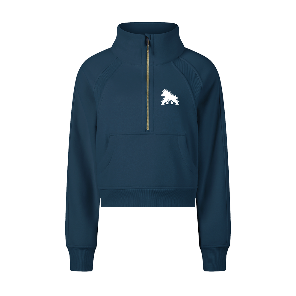 Deep blue FIT APE cropped half-zip sweatshirt with white chest gorilla, front view