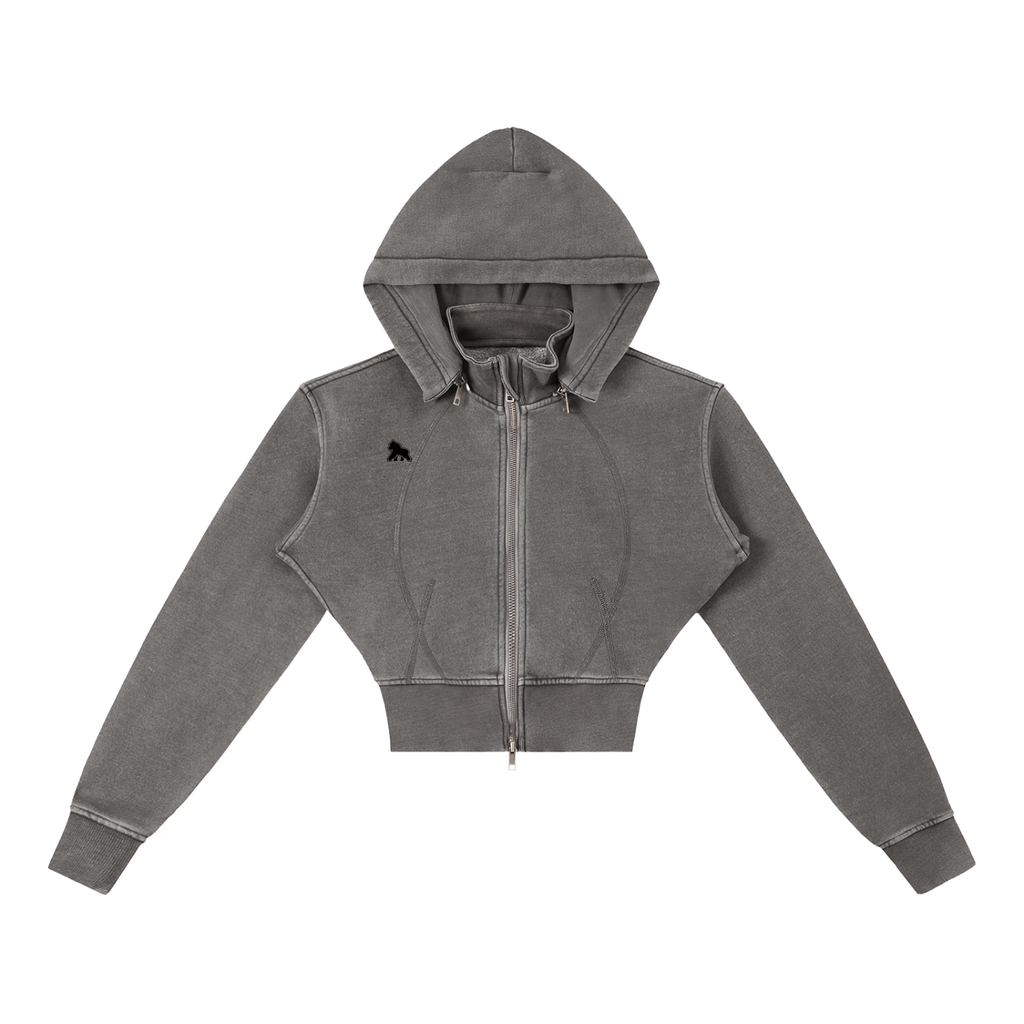 Washed gray FIT APE women's fitted cropped zip hoodie with black chest gorilla, front view