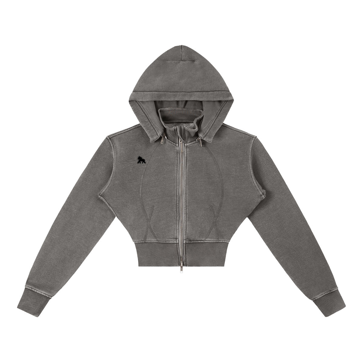 Washed gray FIT APE women's fitted cropped zip hoodie with black chest gorilla, front view