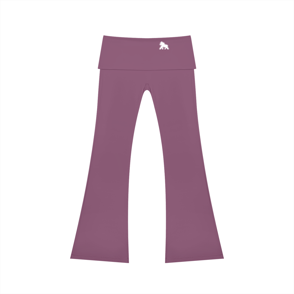 Mauve FIT APE flared yoga pants with fold-over waistband and white gorilla, front view