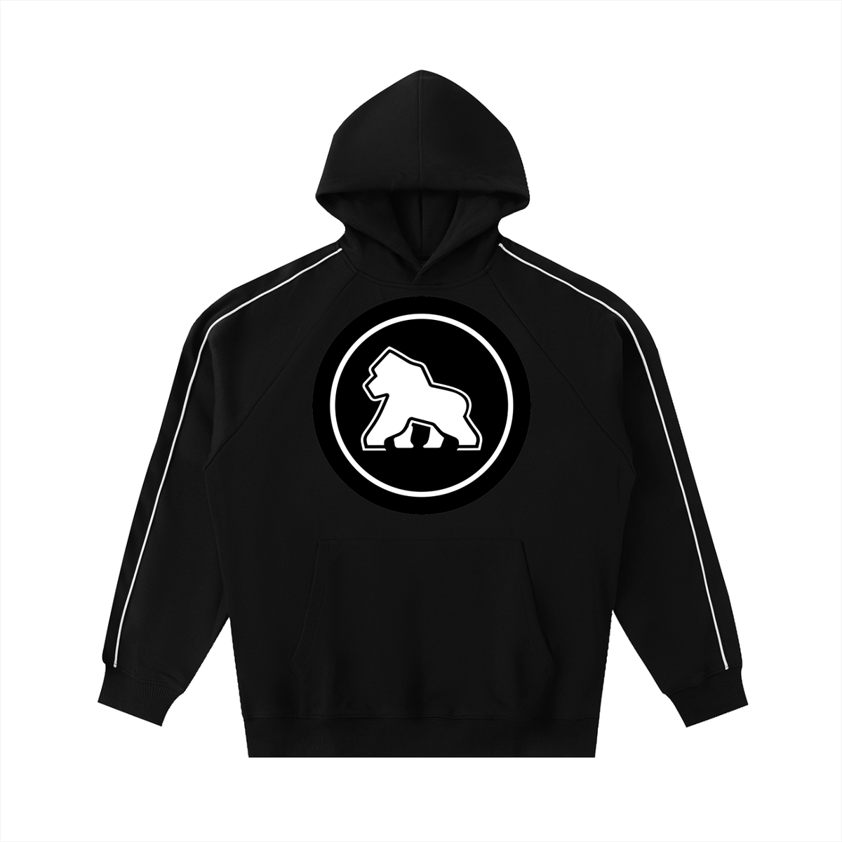 Black FIT APE Pipeline raglan hoodie with white sleeve piping and round gorilla emblem, front view
