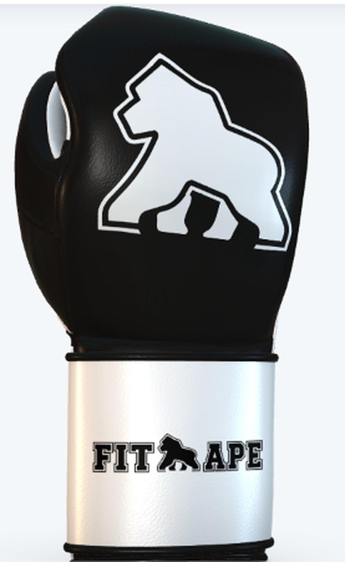 FIT APE Boxing Glove, black cowhide leather with the white gorilla on the backhand and FIT APE on the white cuff