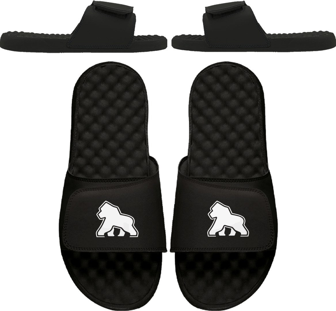 FIT APE Recovery Slide in black, top and side view with the gorilla mark on the strap