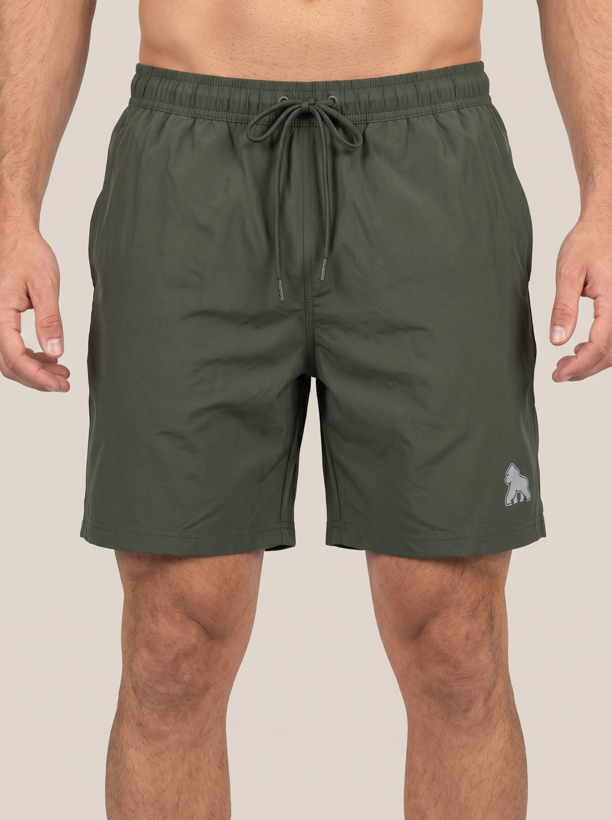 Olive FIT APE men's drawstring performance shorts with white leg gorilla, front view