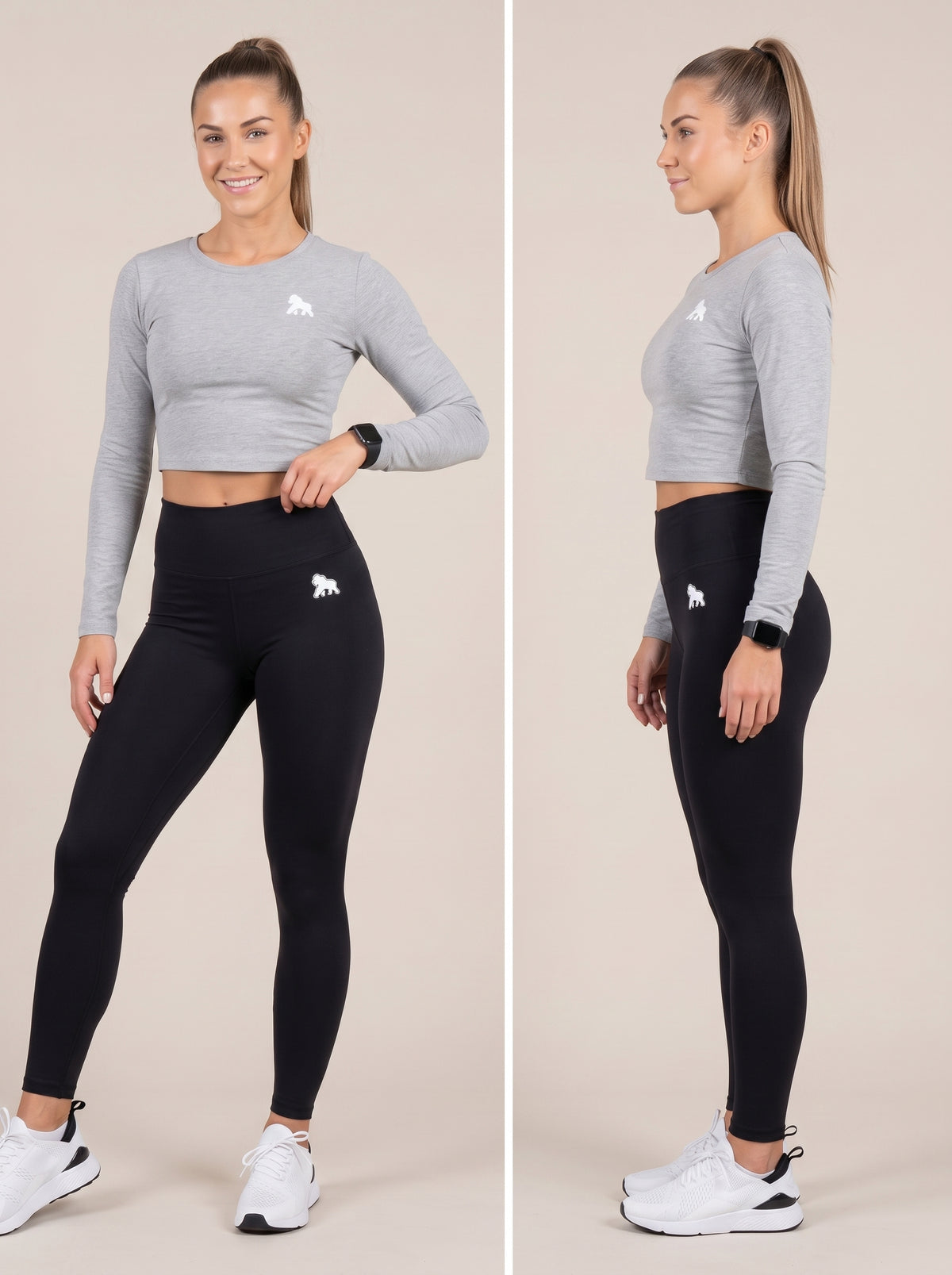 Gray FIT APE women's compression crop top shown from the front and side on a model