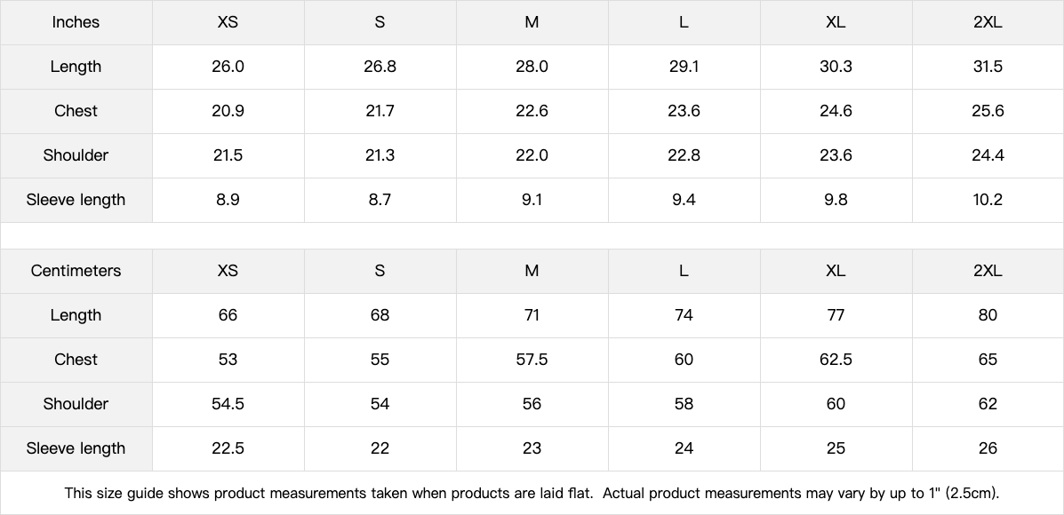 FIT APE men's boxy tee size chart with garment measurements in inches and centimeters
