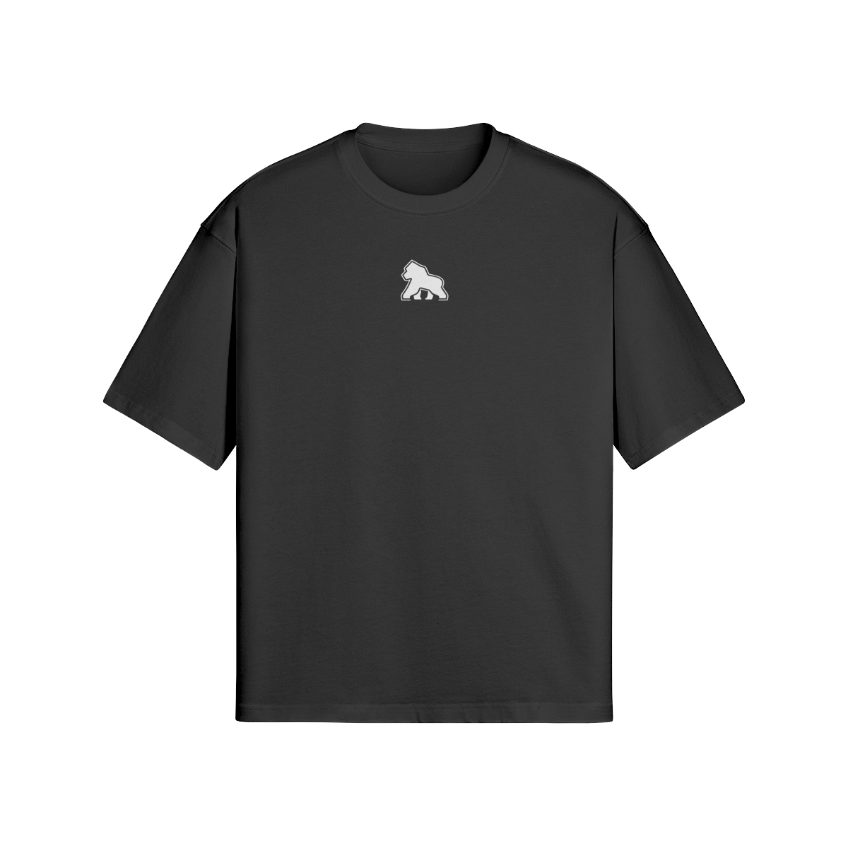 Black FIT APE men's boxy tee with small white chest gorilla, front view