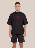 Black FIT APE men's classic tee with red chest gorilla, front view on a model