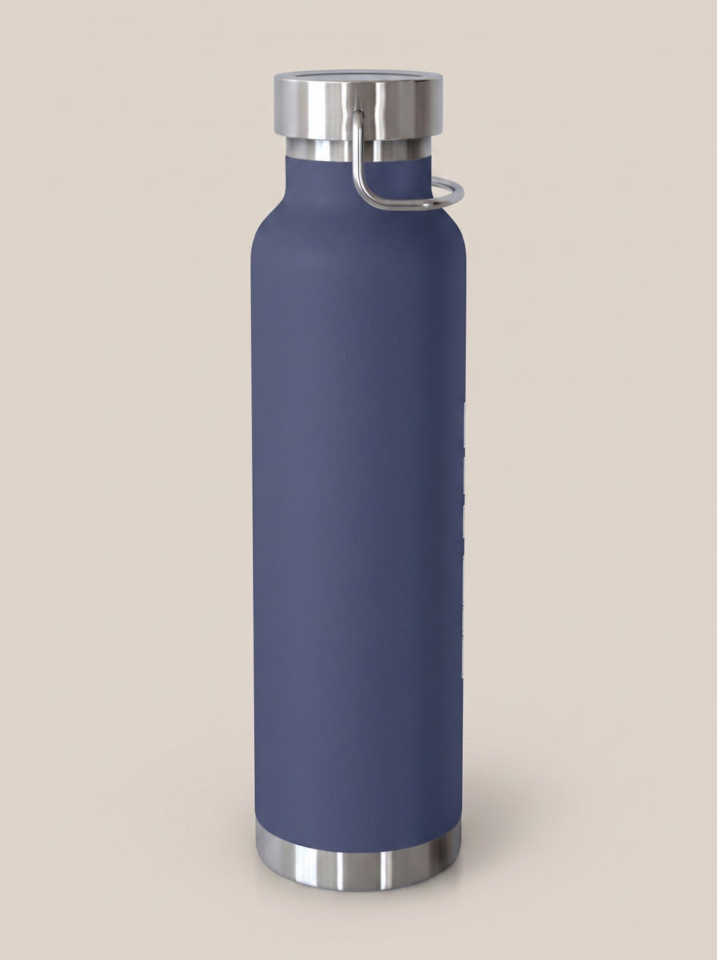 Navy FIT APE water bottle with silver cap, angled reverse view