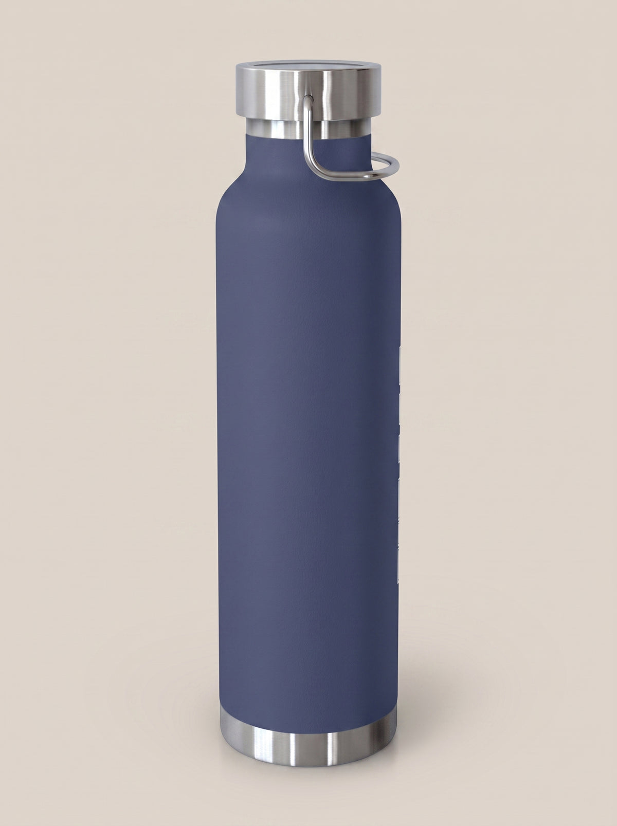 Navy FIT APE water bottle with silver cap, angled reverse view