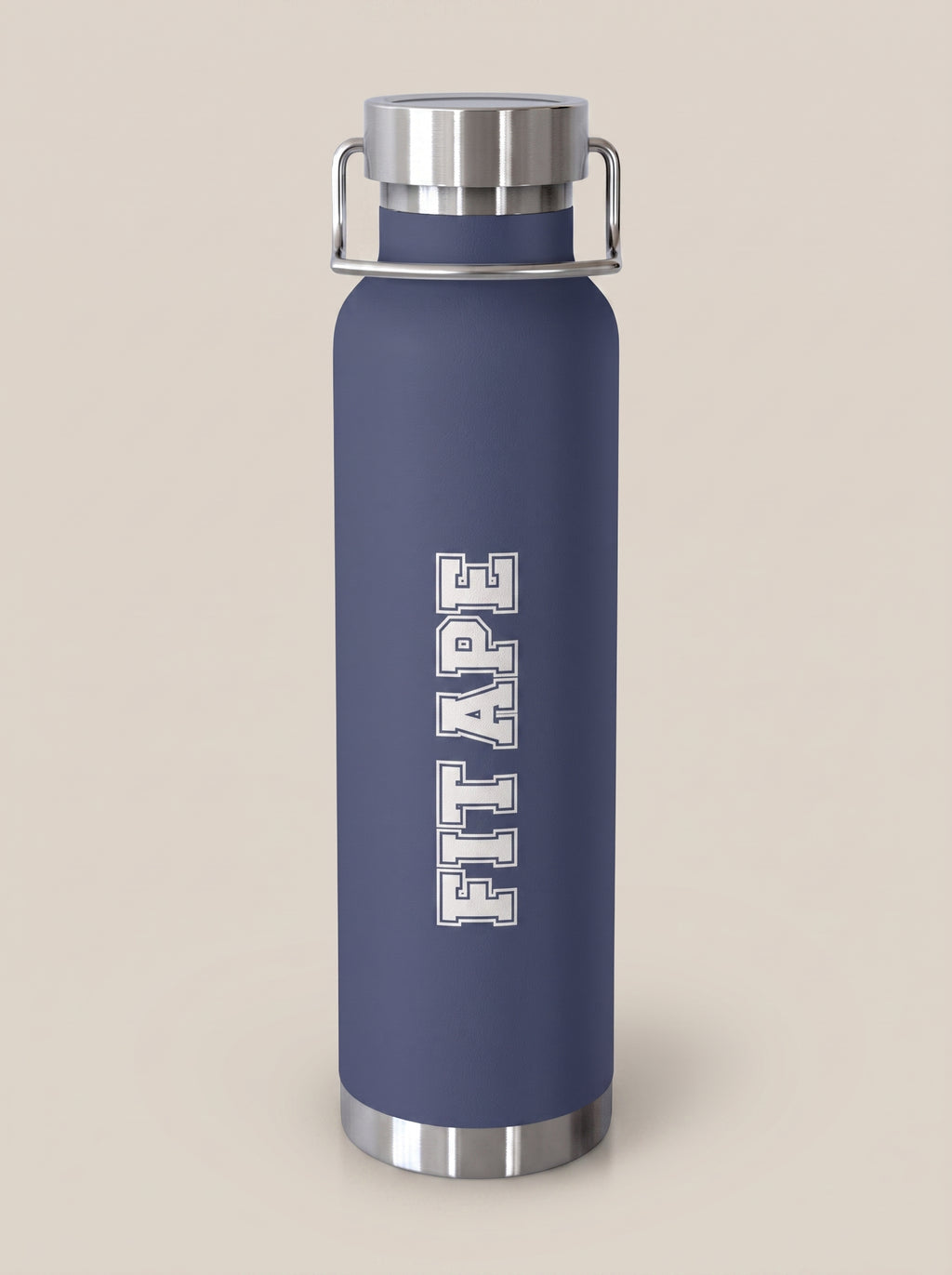 Navy FIT APE water bottle with vertical white lettering and silver cap, front view