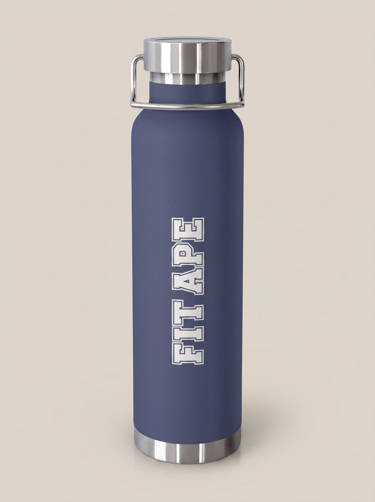 Navy FIT APE water bottle with vertical white lettering and silver cap, front view