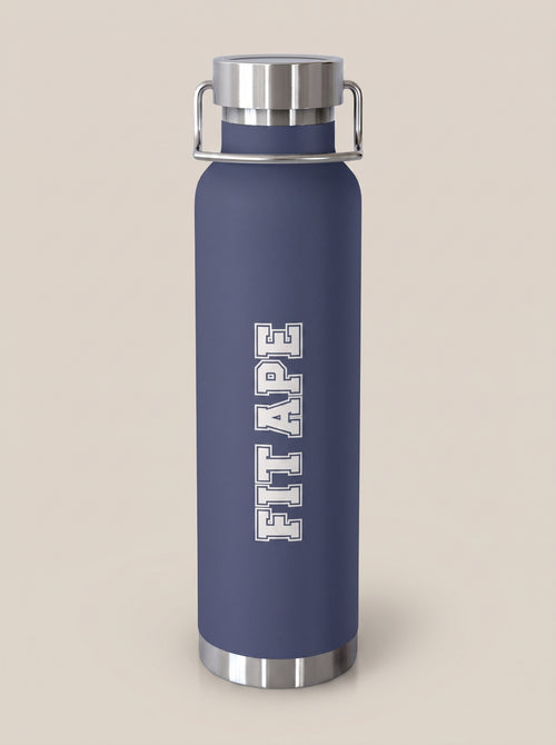 Navy FIT APE water bottle with vertical white lettering and silver cap, front view
