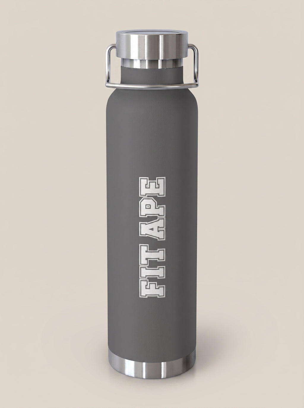 Gray FIT APE water bottle with vertical white lettering and silver cap, front view