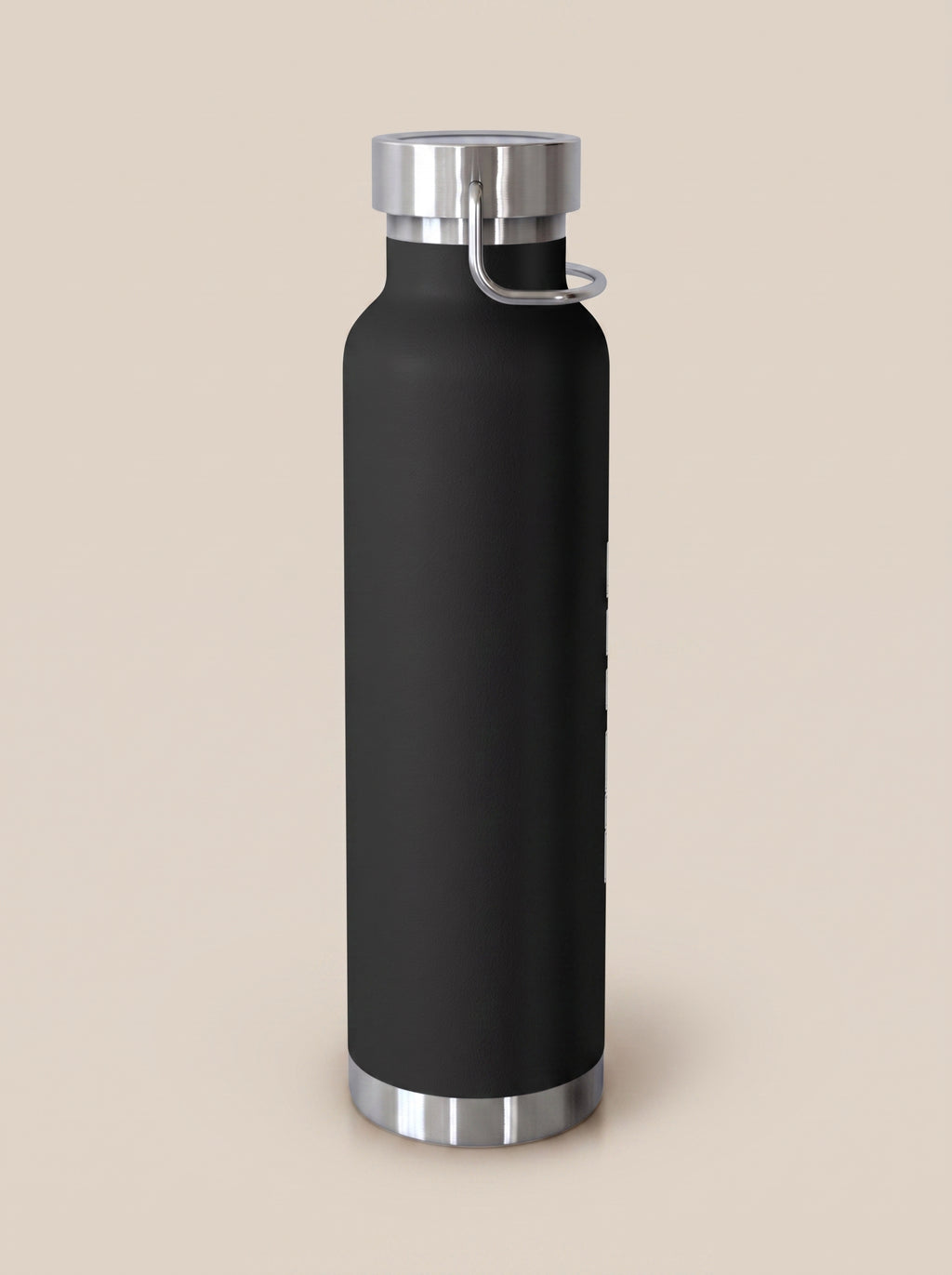 Black FIT APE water bottle with silver cap, angled reverse view