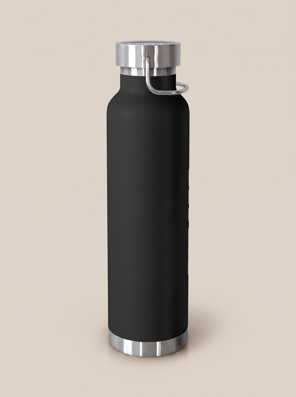 Black FIT APE water bottle with silver cap, angled reverse view