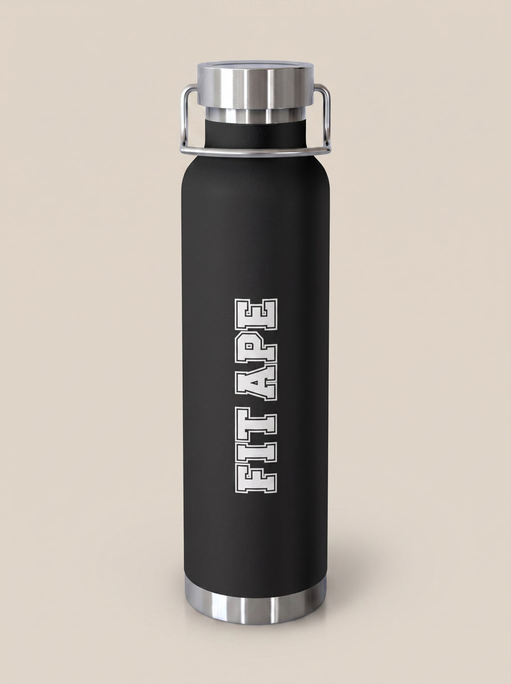 Black FIT APE water bottle with vertical white lettering and silver cap, front view