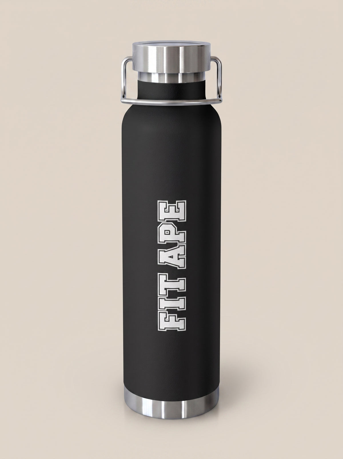 Black FIT APE water bottle with vertical white lettering and silver cap, front view