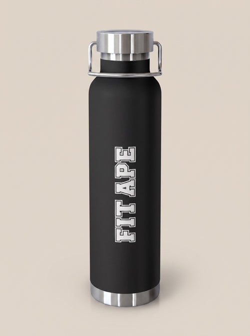 Black FIT APE water bottle with vertical white lettering and silver cap, front view