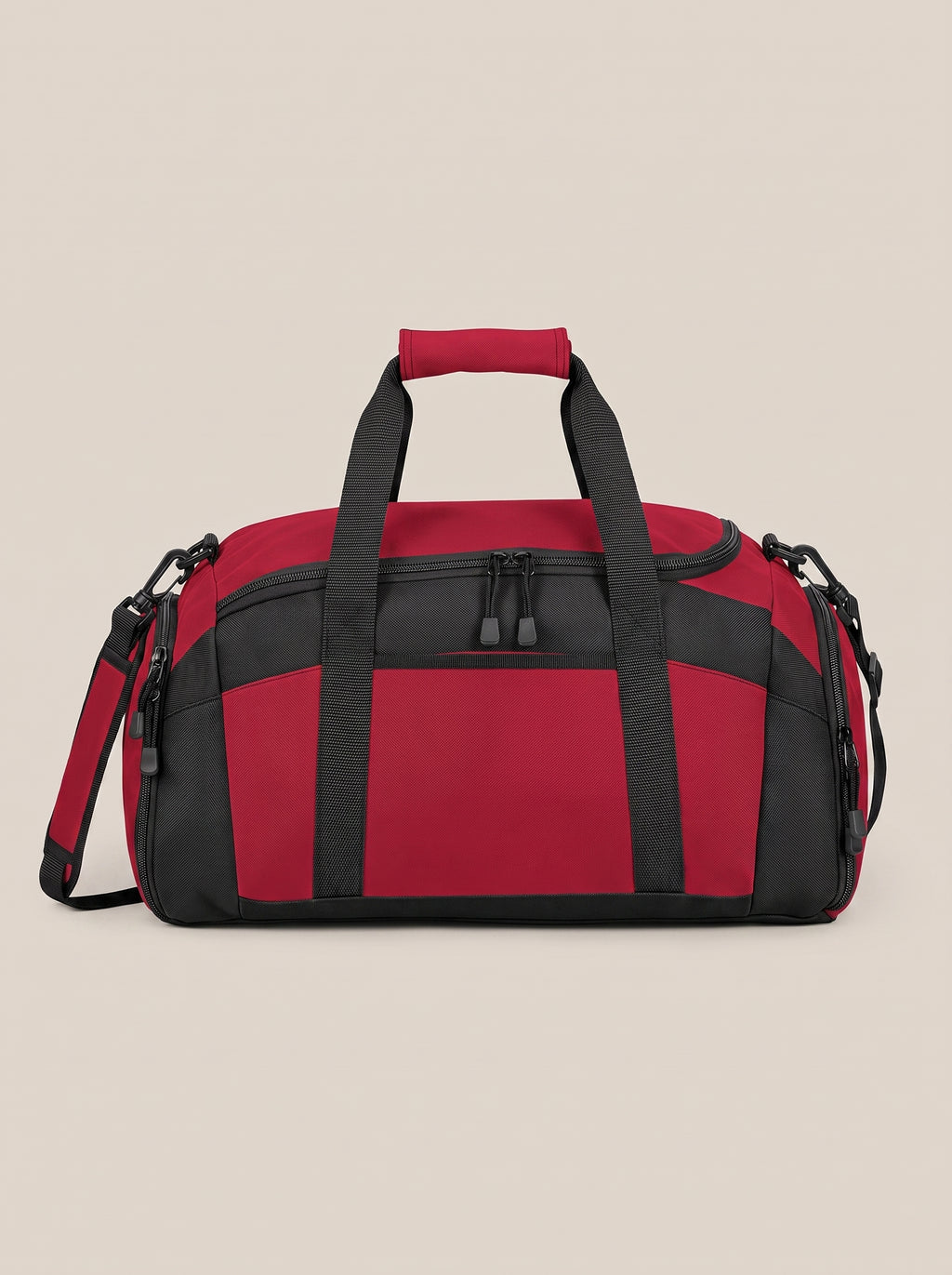 Red and black FIT APE gym duffle bag, back view showing handles and shoulder strap