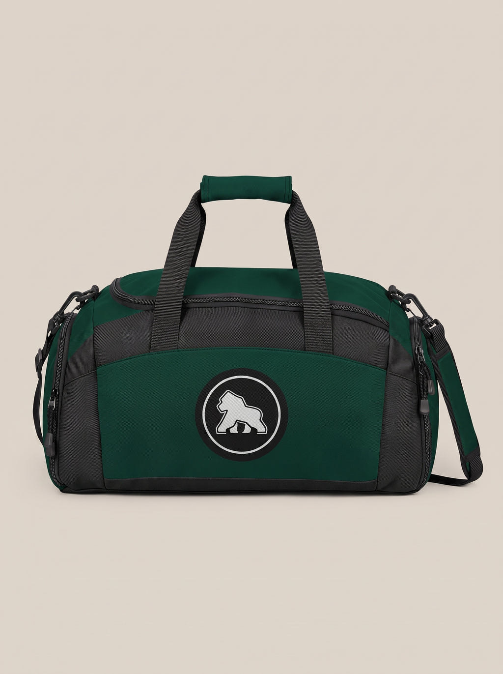 Dark green and black FIT APE gym duffle bag with round gorilla logo, front view
