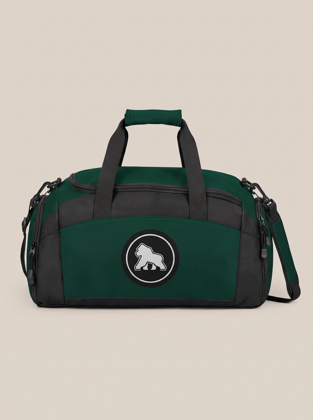 Dark green and black FIT APE gym duffle bag with round gorilla logo, front view