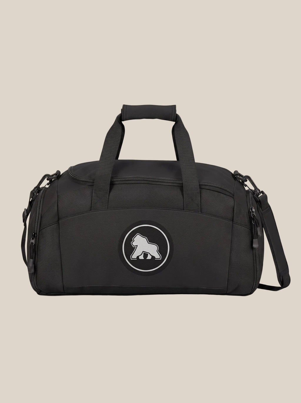 Black FIT APE gym duffle bag with round gorilla logo, front view